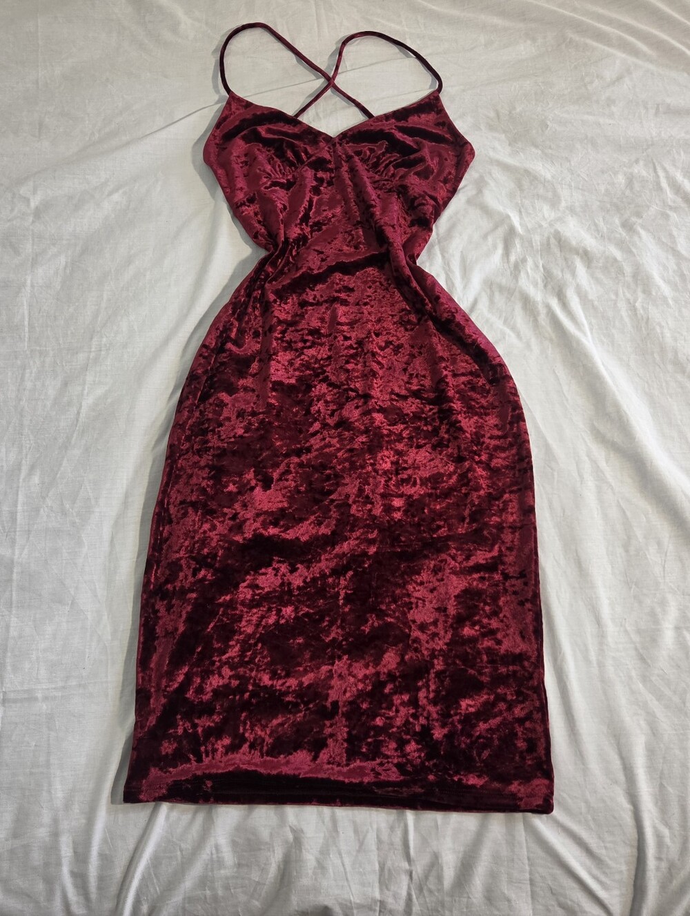 Red Crushed Velvet Open Back Dress Strappy Cross Mini Medium